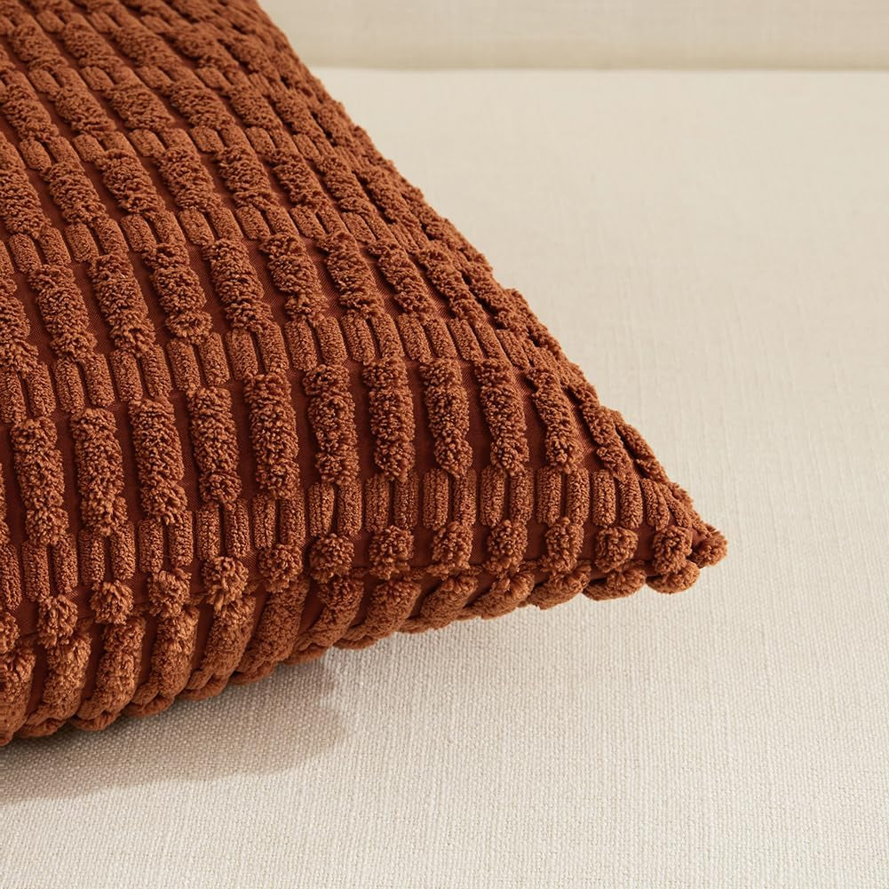2 Packs Rust Decorative Throw Pillow Covers 18X18 Inch for Living Room Couch Bed Sofa, Soft Striped Corduroy Square Cushion Case 45X45 Cm, Terracotta Rustic Farmhouse Boho Home Decor