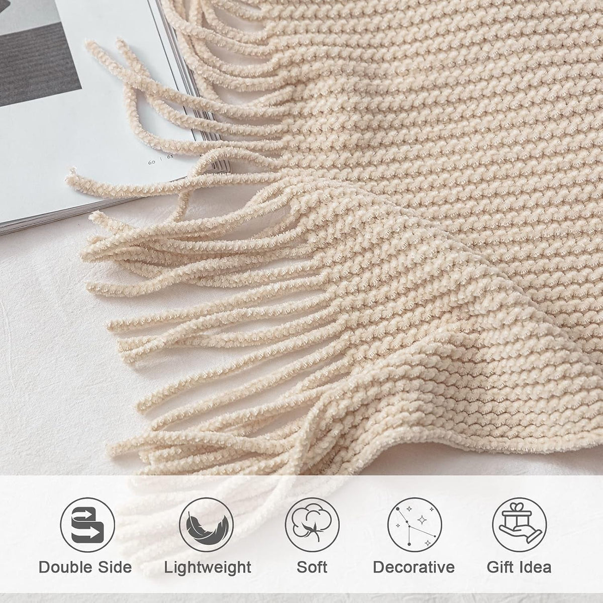 Throw Blanket for Couch, Soft Boho Decor Bed Throw,Cozy White Chenille Knitted Small Farmhouse Lightweight Throw(White/Cream,50 * 60")