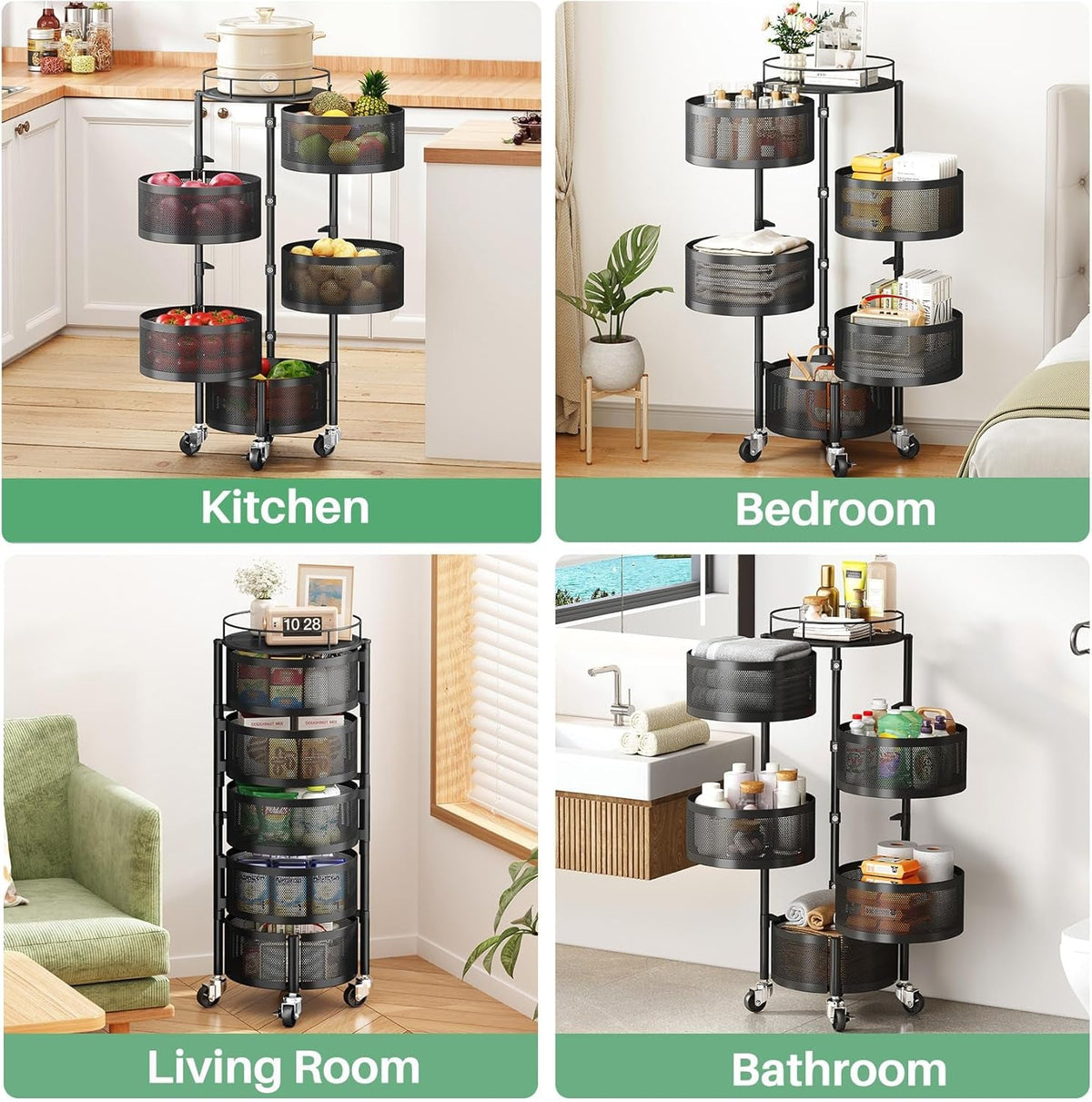 Fruit Vegetable Basket for Kitchen, Rotating Storage Rack, 5 Tier Rolling Cart with Top Lid, Large Metal Wire Wheels, Black