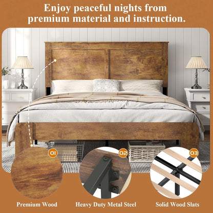 Wooden Bed Frame King Size with Headboard, Farmhouse Platform Bedframe with Wood Slat Support, Sturdy Framework Bed Frame, Easy Assembly (Rustic Brown)
