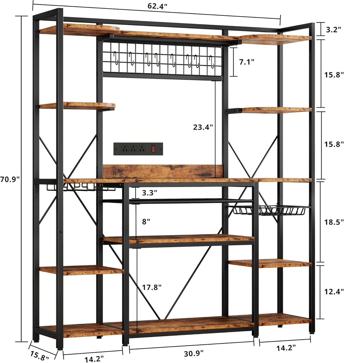 Large Bakers Rack with Power Outlet, 62 Inch Wide Microwave Stand, Coffee Bar with Storage, Kitchen Racks and Shelves, Vintage Brown