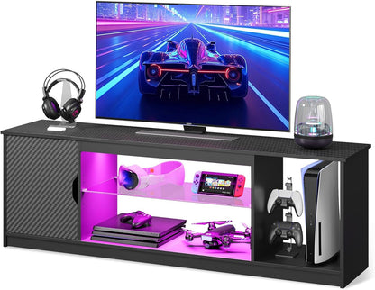 LED TV Stand for 55/60/65 Inch TV, Gaming Entertainment Center with Cabinet for PS5, Xbox,Modern TV Cabinet with Adjustable Glass Shelves for Living Room, Bedroom 57 Inch,Black