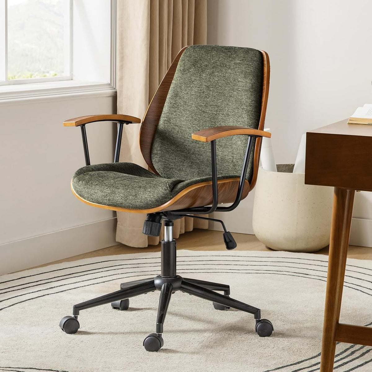 Solid Wood Office Chair with Rocking Function, Comfy Fabric Desk Chair with Bent Wood and Metal Base, Height Adjustable Swivel Computer Task Chair, Green