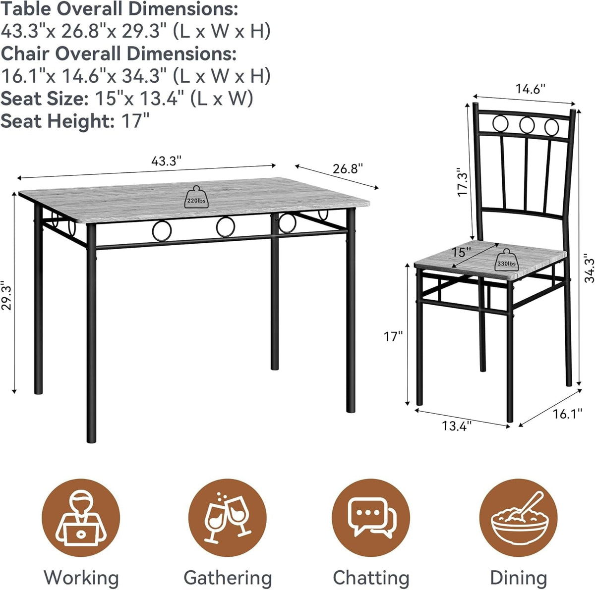 Rectangular Dining Room Table Set with 4 Chairs, Space-Saving Kitchen Table Set for Small Space, Retro Grey