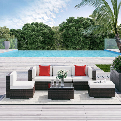 6 Piece Patio Furniture Set Outdoor Wicker Conversation Set All Weather PE Rattan Sectional Sofa Set with Ottoman, Cushions and Tempered Glass Table, Mixed Brown and Cream White