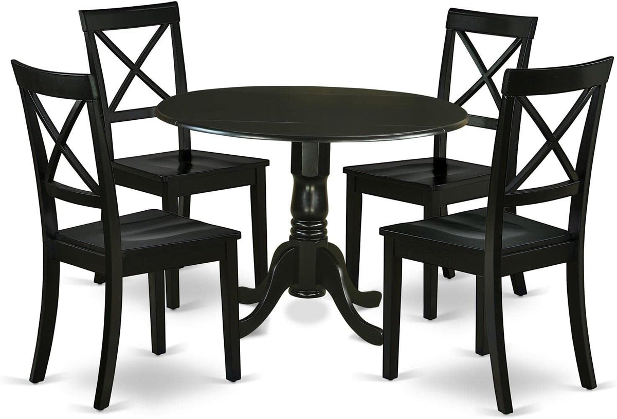 DLBO5-BLK-W 5 Piece Dinette Set for 4 Includes a round Dining Room Table with Dropleaf and 4 Kitchen Dining Chairs, 42X42 Inch, Black
