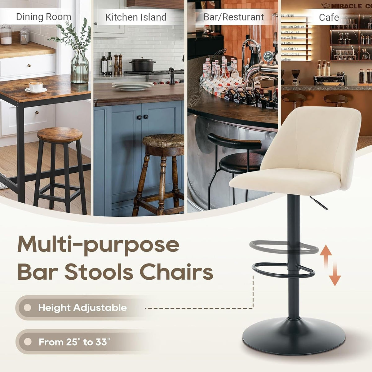 Bar Stools Set of 3, Modern Swivel Bar Chairs, Adjustable Upholstered Barstools Counter Height with Full Backrest for Bar, Dining Room, Kitchen Island, Beige