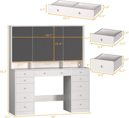 Vanity Desk with Mirror and Lights, 50" Makeup Vanity with Glass Top & Power Outlet, White Vanity with 11 Drawers & 8 Hidden Storage Shelves, 3 LED Lighting Modes Adjustable for Bedroom
