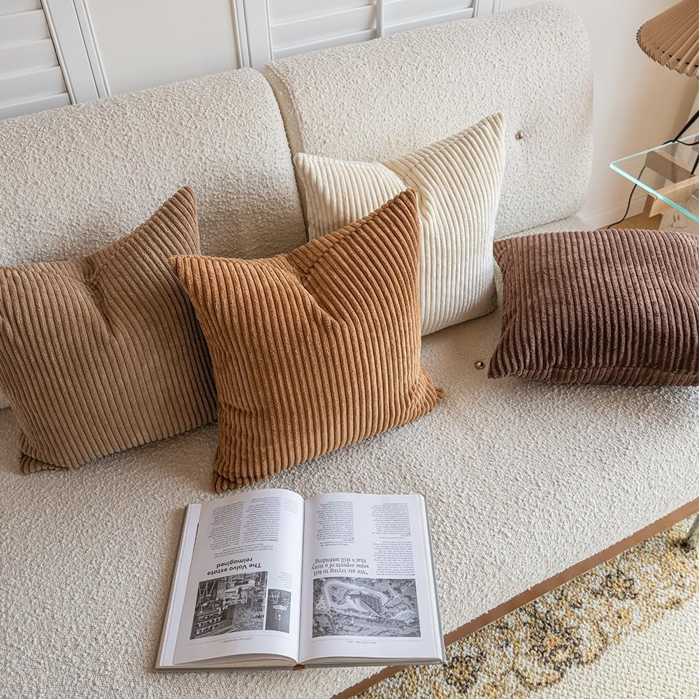 Neutral Couch Throw Pillow Covers 18X18 Inch Set of 4 Decorative Farmhouse Boho Throw Pillows for Living Room, Couch, Bed, Sofa Soft Corduroy Accent Home Decor (Neutral Brown, 18X18 Inch)