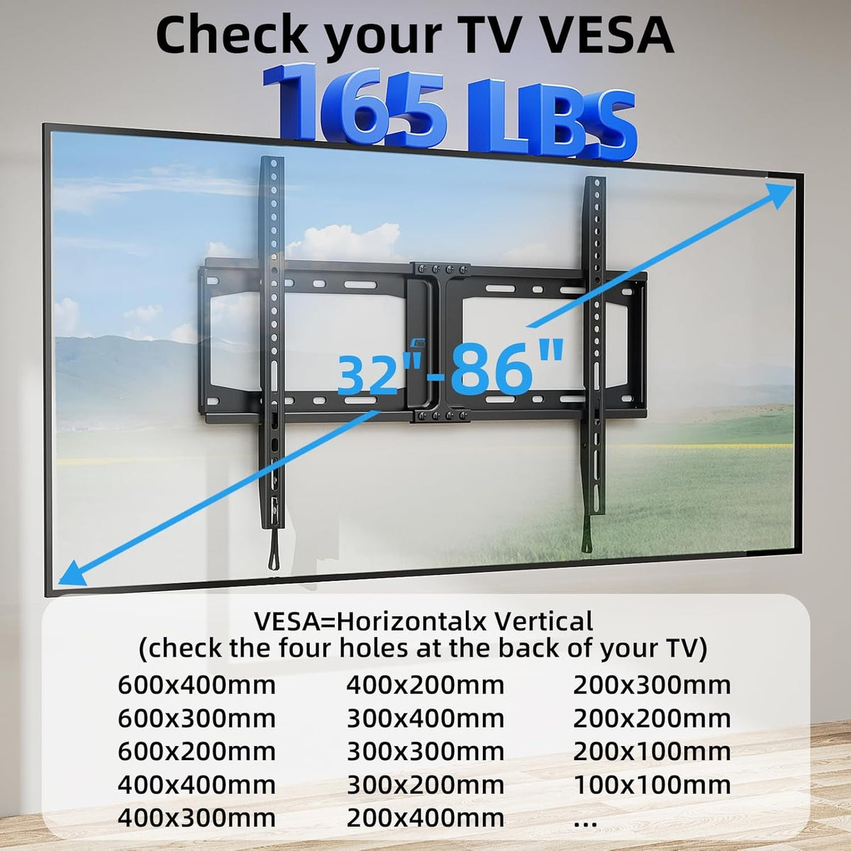 Heavy Duty Fixed TV Wall Mount for Most 32-86 Inch Flat Tvs, Max VESA 600X400Mm up to 165Lbs Fits 16/18/24 Inch Wood Studs, Universal Low Profile Wall Mount TV Bracket, Space Saving HV8601