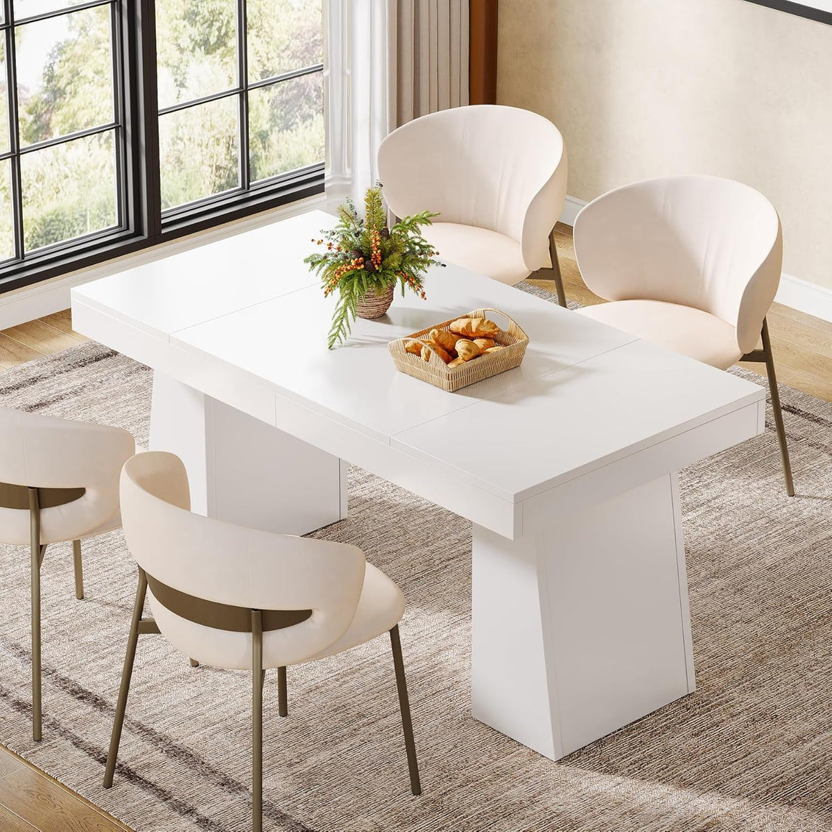 Dining Room Table for 4-6, 55-Inch Mid-Century Modern Dining Table with Double Pedstral, Rectangular Wood Kitchen Dinner Table for Dining Room, Kitchen, Home, White
