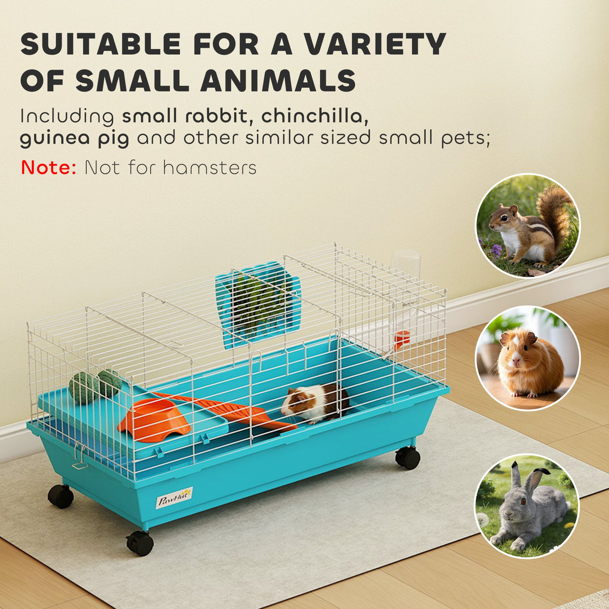 35"L Small Animal Cage, Rolling Bunny Cage, Guinea Pig Cage with Wheels, Food Dish, Water Bottle, Hay Feeder, Blue