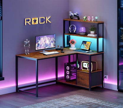 L Shaped Gaming Desk, 46 Inch Reversible Computer Desk with LED Light & Power Outlet, Office Desk with Storage Shelves & Drawer, for Home Office, Study, Rustic Brown and Black BF18UDDN01