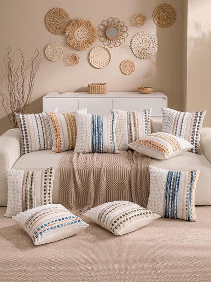 Boho Chenille Tufted Couch Throw Pillow Covers 18X18 Inch Set of 2 Farmhouse Striped Decorative Pillow Covers Accent Neutral Square Pillowcase Green Cushion Covers for Livingroom Sofa Bed