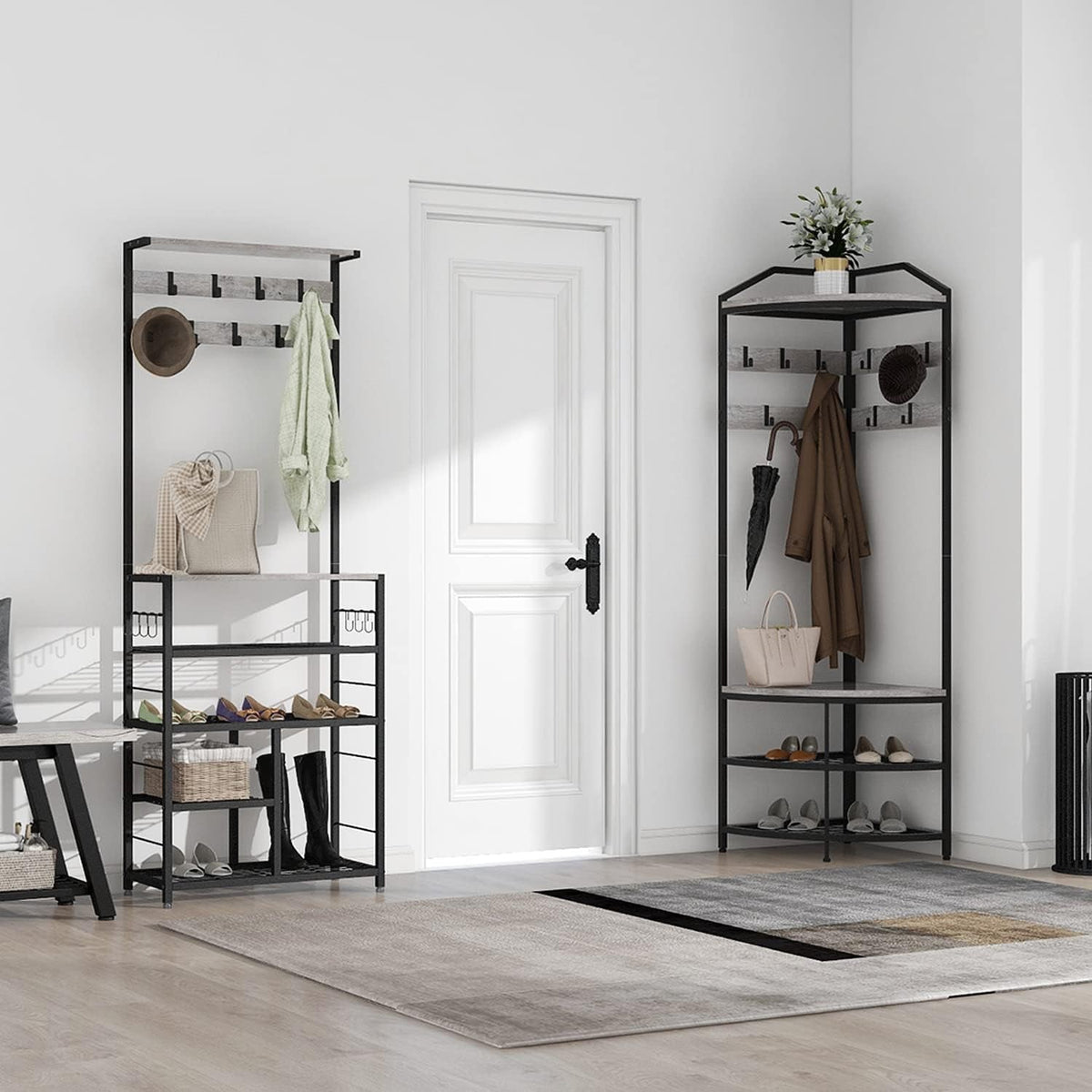 Grey Corner Hall Tree with Shoe Bench Entryway Coat Rack with 10 Metal Movable Hooks Rustic Farmhouse Floorstanding Clothes Rack Shoes Shelf Organizer for Home Office Bedroom (Greige)