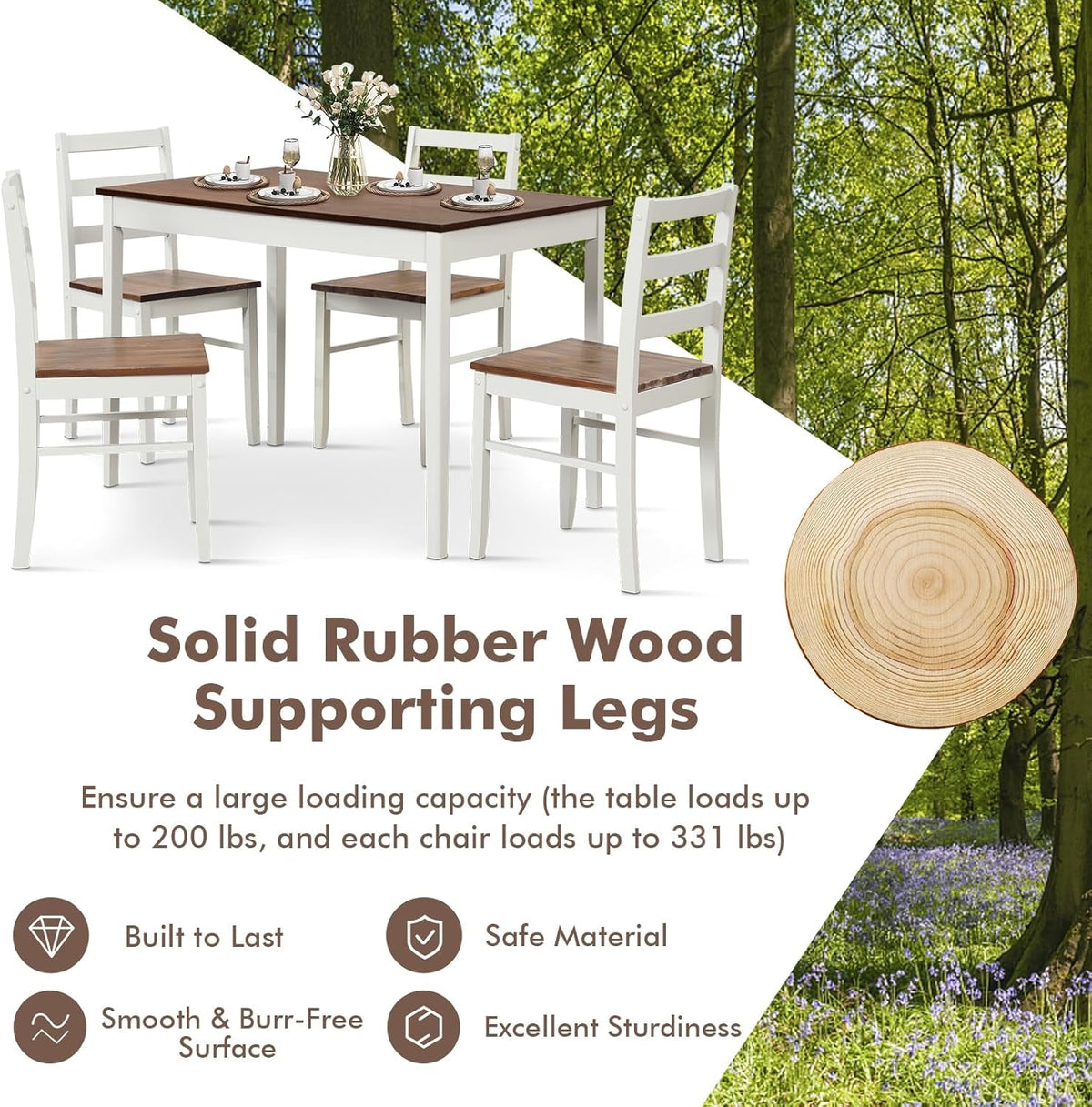 5-Piece Dining Set for 4, Solid Wood Rectangular Table & 4 Chairs Wtih Rubber Wood Legs, Kitchen Table and Chairs Set for Small Spaces Dinette Dining Room Restaurant (Rustic Brown)