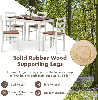 5-Piece Dining Set for 4, Solid Wood Rectangular Table & 4 Chairs Wtih Rubber Wood Legs, Kitchen Table and Chairs Set for Small Spaces Dinette Dining Room Restaurant (Rustic Brown)