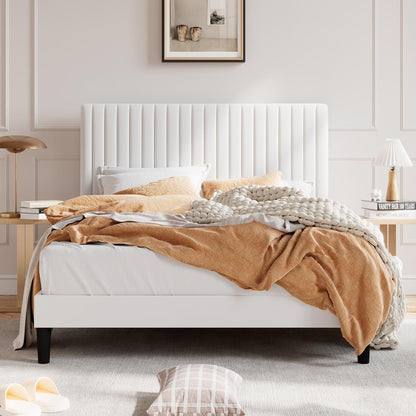 Queen Velvet Platform Bed, Channel Tufted Adjustable Headboard, White