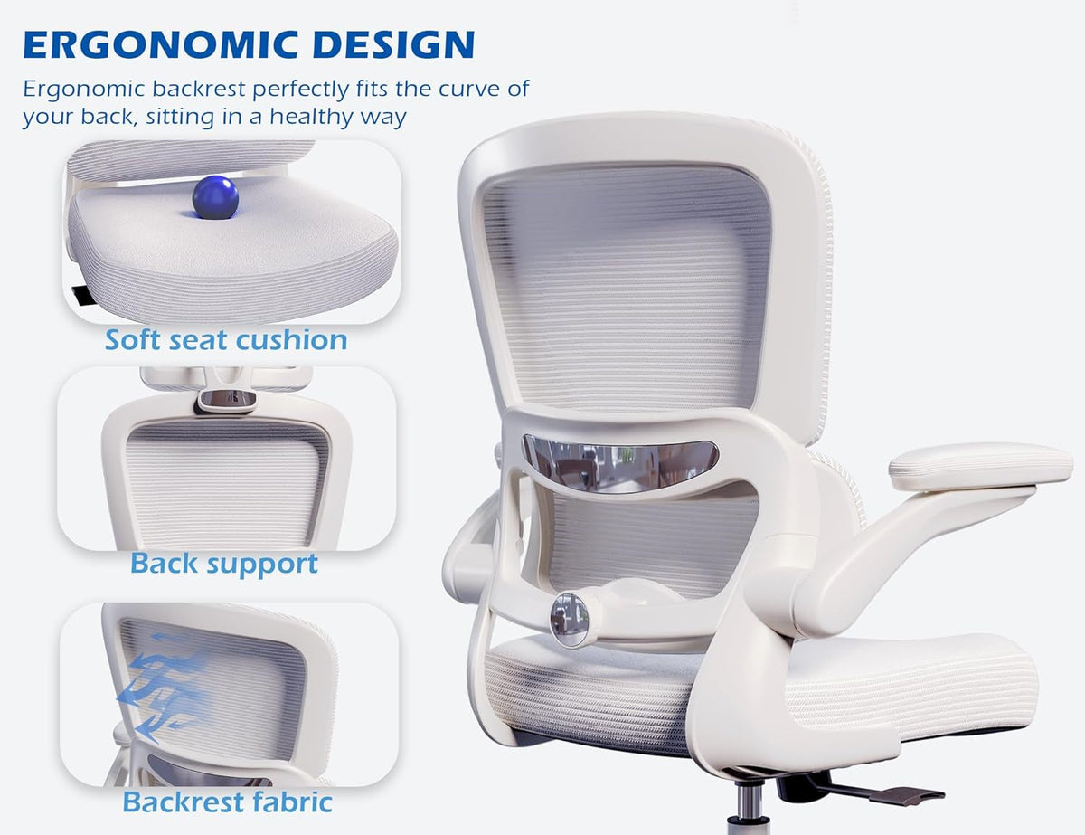 Ergonomic Office Chair - Desk Chair with Adjustable Lumbar Support Computer Chair - Mesh Comfy Chair with Flip-Up Armrests - Gaming Chairs for Adults Home Office (Leather, White)