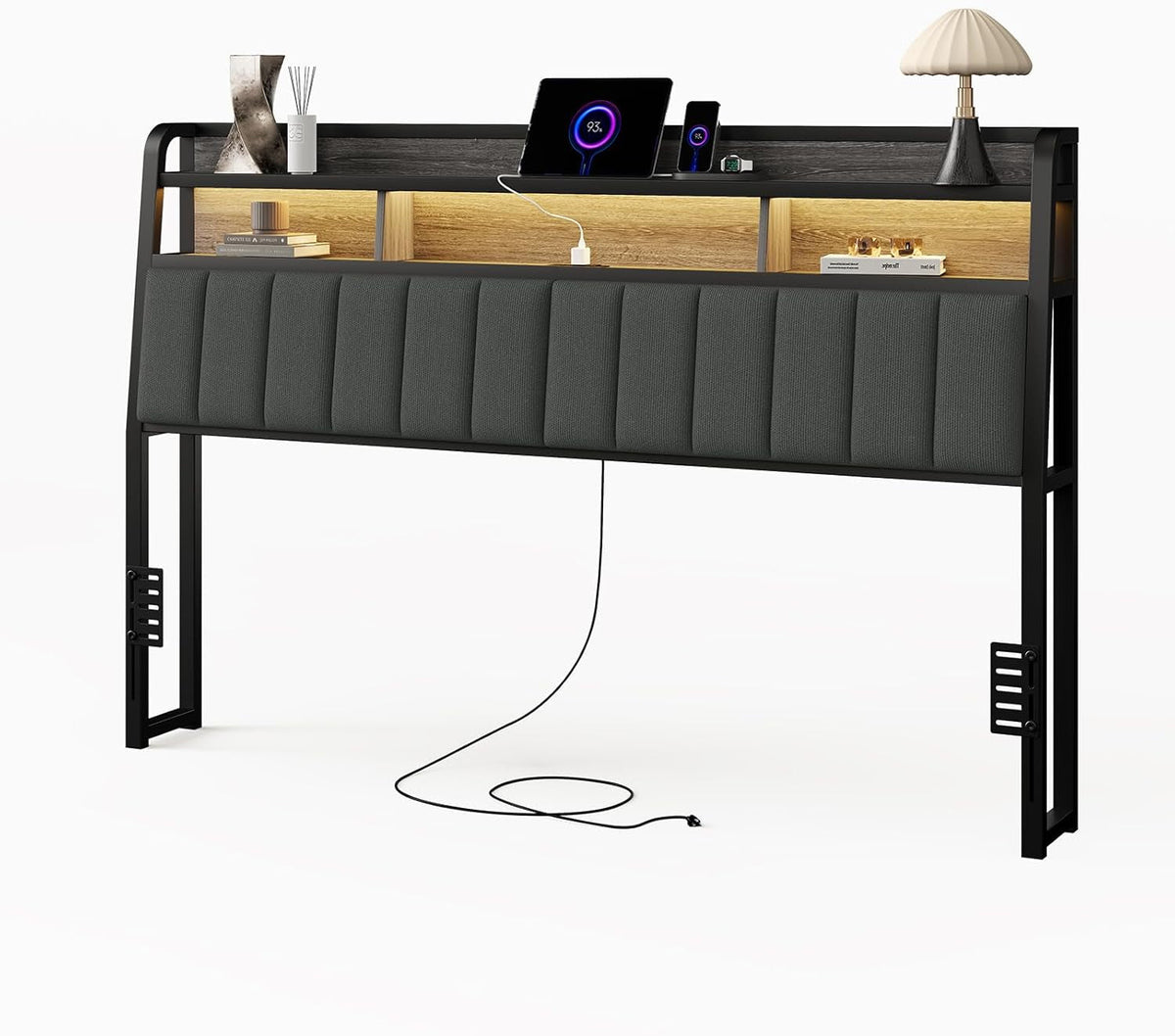 King Headboard Only with Storage, Upholstered Headboards for King Size Bed with LED Light, Charging Station, Height Adjustable, Sturdy and Stable Headboard, Black & Grey