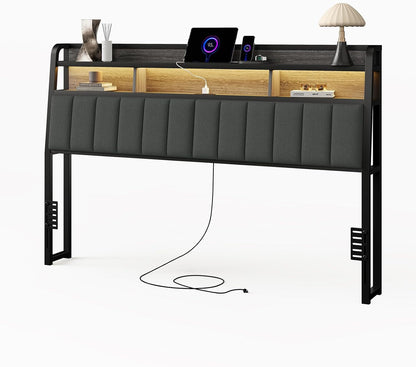 King Headboard Only with Storage, Upholstered Headboards for King Size Bed with LED Light, Charging Station, Height Adjustable, Sturdy and Stable Headboard, Black & Grey