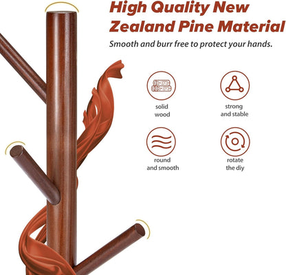 Wooden Coat Rack, Free Standing Coat Rack with 8 Hooks 3 Adjustable Heights for Clothes, Hats, Handbags, Coat Tree Easy Assembly for Entryway, Bedroom, Hallway, Office (New Brown)
