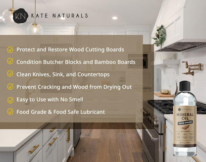 Mineral Oil for Wood Cutting Board, Butcher Block, and Knife. Food Grade Mineral Oil for Wooden Cutting Board & Utensils (16Oz, Food Safe)