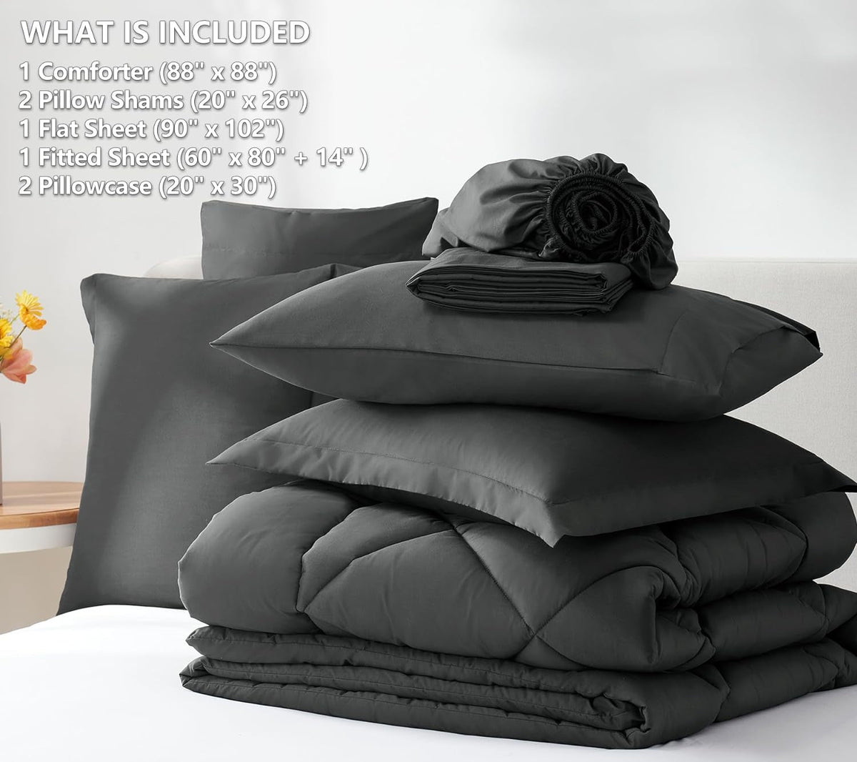 Queen Comforter Set Dark Grey - Bed in a Bag Queen Size 7 Pieces, Luxury Soft Bed Set for All Seasons, Bedding Set with down Alternative Comforter, Sheets, Pillowcases & Shams