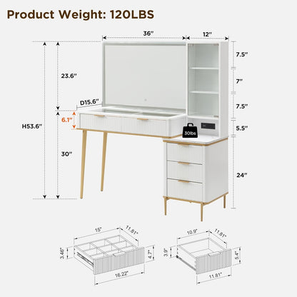 Fluted Makeup Vanity Desk with 36" HD Lighted Mirror, 48" Big Modern Vanity Desk with Mirror and Lights, Dressing Table with 5 Drawers & Shelves, Glass Top for Bedroom (Off White)