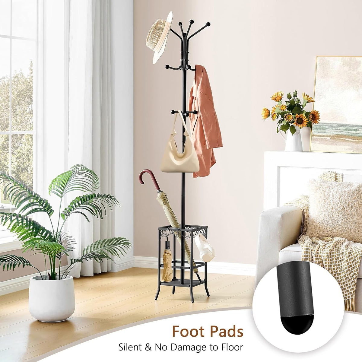 Coat Rack Freestanding, Coat Tree with Umbrella Holder, Metal Coat Rack Stand with 12 Hooks, Standing Coat Hanger Stand, Umbrella Stand for Entryway, Hat Rack Stand for Home Office, Black