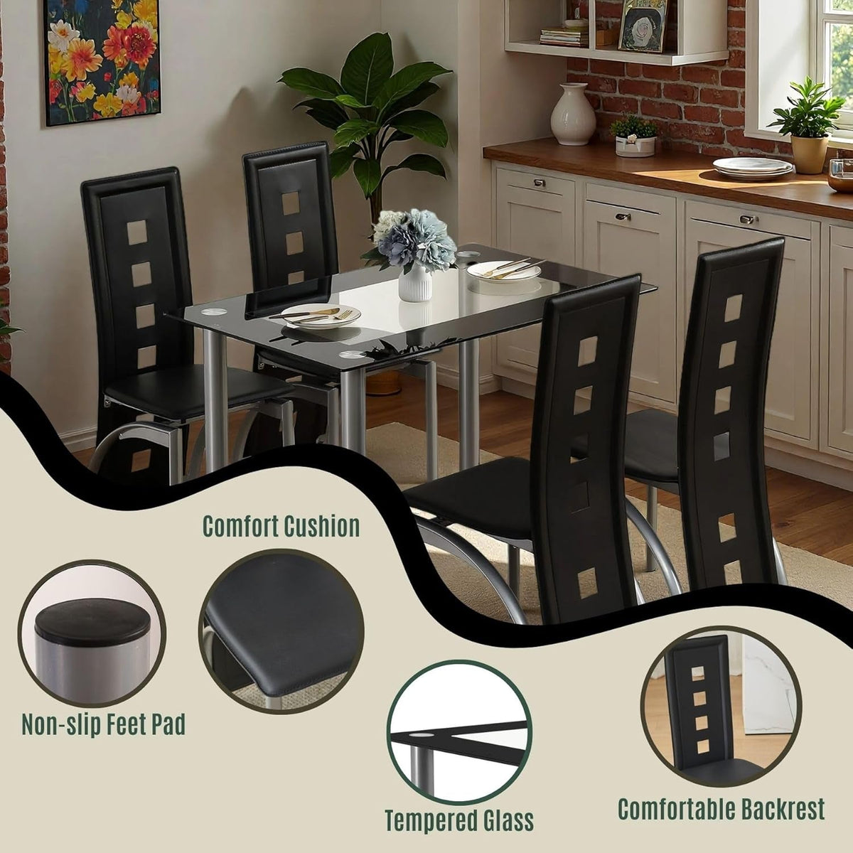 5-Piece Dining Table Set with 1 Glass Dining Table and 4 PVC Chairs, Modern Dining Table Set for Kitchen & Breakfast Dining Living Room, Space Saving, Black