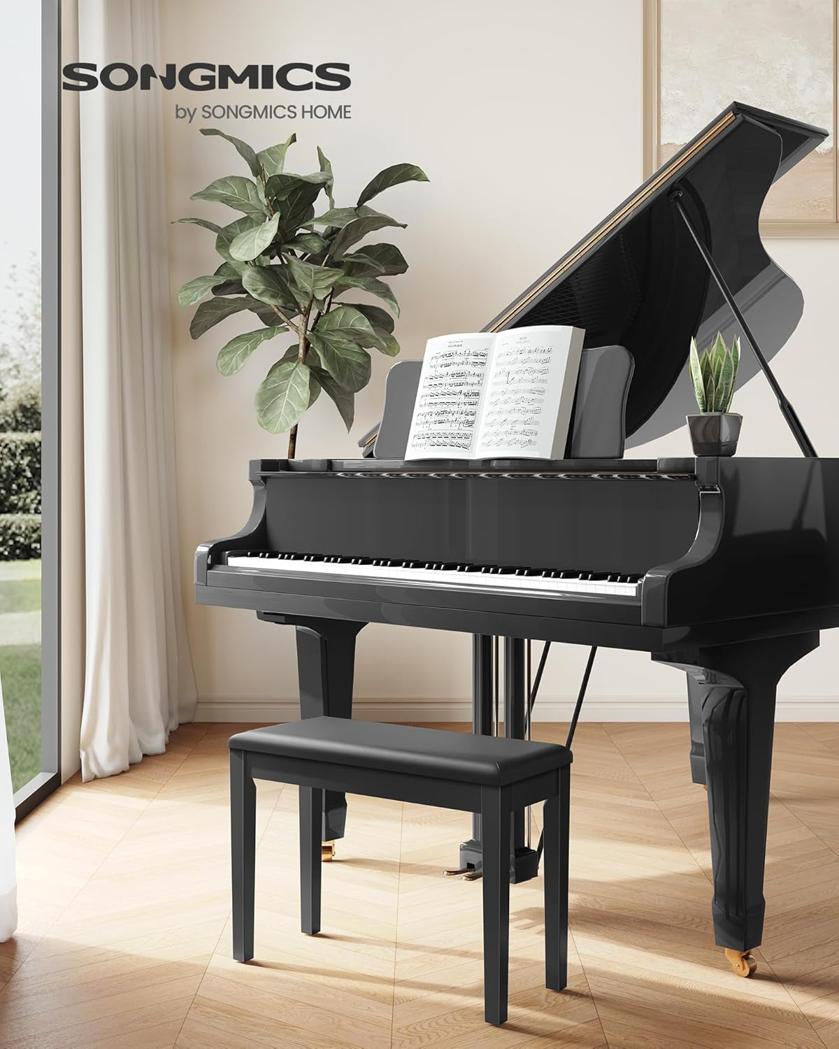 Duet Piano Bench with Padded Cushion and Storage Compartment, Piano Chair Seat, 13.4 X 29.1 X 19.7 Inches, Ink Black ULPB75BK