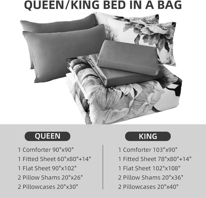 Grey Queen Comforter Set 7 Piece Bed in a Bag, Gray Floral Printed on White Comforter Set with Sheets, Soft Microfiber Botanical Farmhouse Bedding Set for All Season