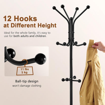 Coat Rack Freestanding, Coat Tree with Umbrella Holder, Metal Coat Rack Stand with 12 Hooks, Standing Coat Hanger Stand, Umbrella Stand for Entryway, Hat Rack Stand for Home Office, Black