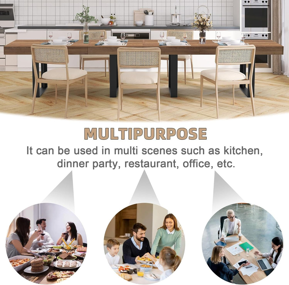 63”-79” Extendable Dining Room Table, Modern Farmhouse Wooden Kitchen Table, Long Expandable Dining Table for 6 8 10, Large Expanding Tables Conference Tables (Walnut Brown)