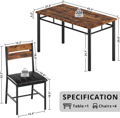 Dining Table Set for 4, Wood Kitchen Table with Upholstered Chairs for Kitchen Room and Small Spaces, Rustic Brown