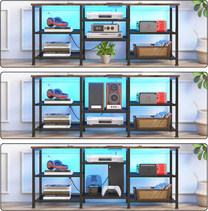 TV Stand for 55 Inch Tvs, Entertainment Center with Movable Shelf Panels, Power Outlet and LED Lights Open Storage Shelves, TV Media Console Table for Living Room and Bedroom, Rustic Brown