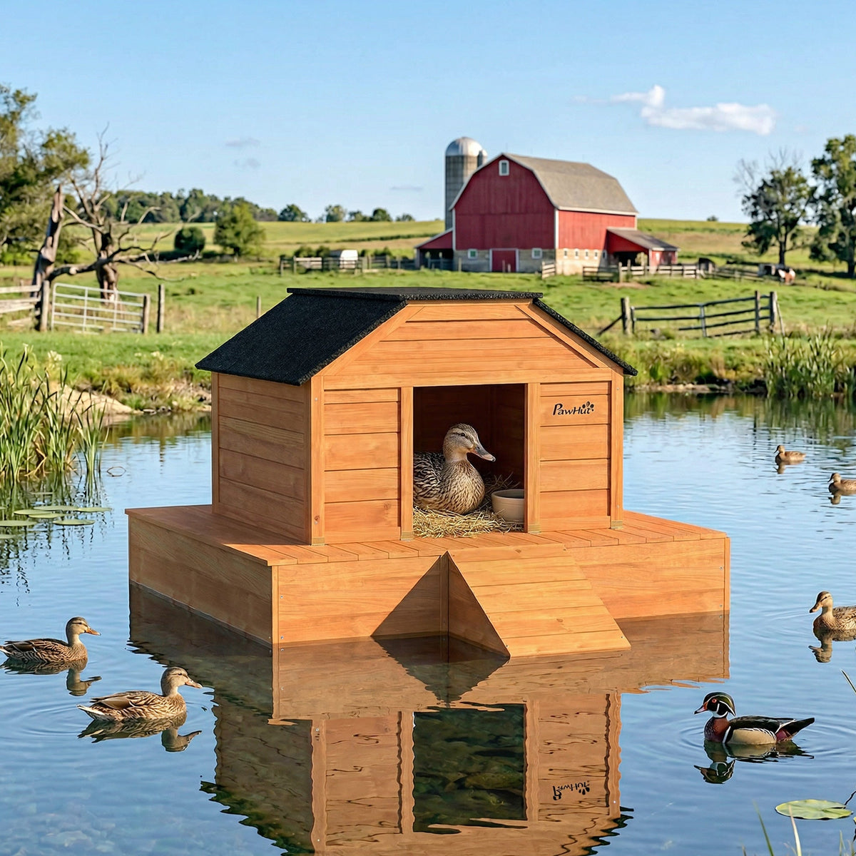 Floating Duck Coop, Wooden Duck House with Ramp and Waterproof Asphalt Roof, Small Animal House