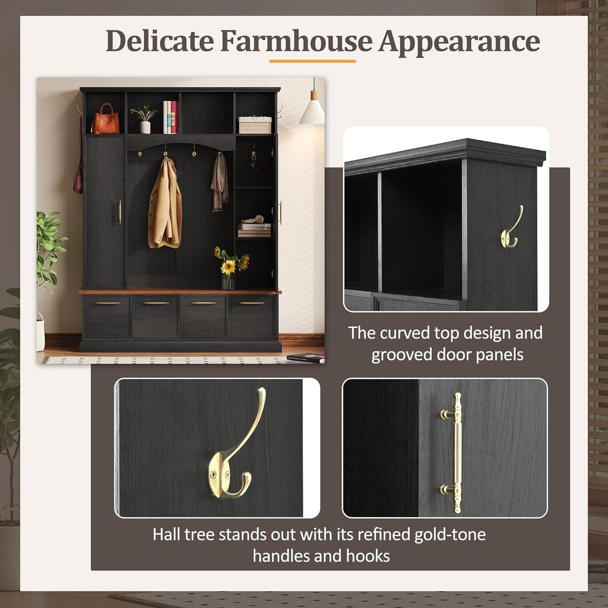 59" Farmhouse Hall Tree with Golden Hooks & Walnut Bench, Entryway Organizer with Adjustable Shelves, Shoe Storage, Anti-Tip for Mudroom, Living Room, Black
