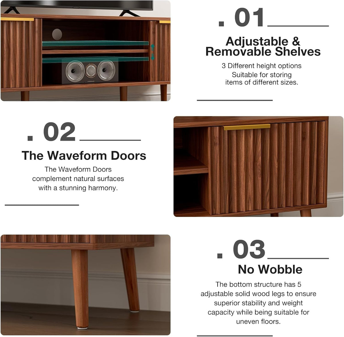 TV Stand for Living Room, Mid Century Modern Entertainment Center for 55/60/65 Inch Tvs, TV Console with Fluted Door Cabinets and Open Shelves, for Bedroom, Walnut