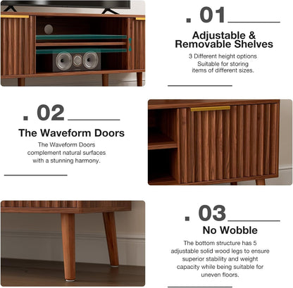 TV Stand for Living Room, Mid Century Modern Entertainment Center for 55/60/65 Inch Tvs, TV Console with Fluted Door Cabinets and Open Shelves, for Bedroom, Walnut