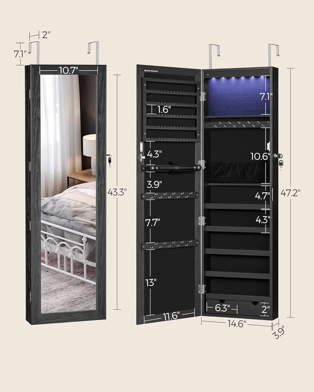 Lockable Mirrored Jewelry Armoire with 6 LEDs, Wall Mount, Black