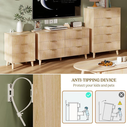 Wood 3 Drawers Dresser Fluted Night Stand with Charging Station, Storage Nightstand Modern Side Table, Bedside Table for Bedroom, Entryway Natural