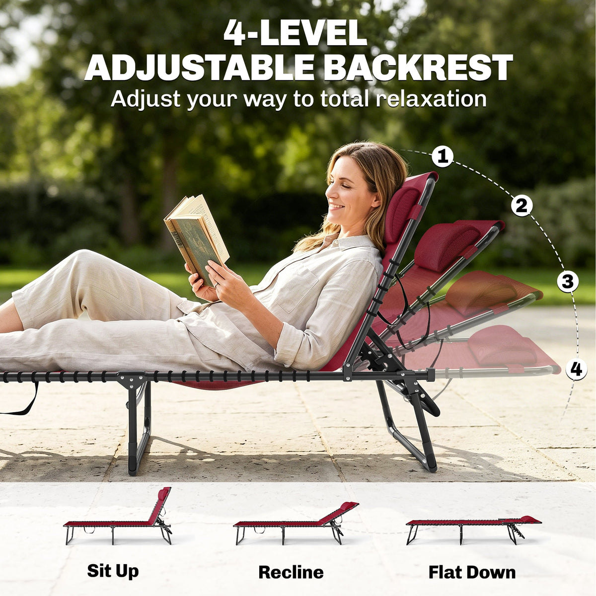 Folding Chaise Lounge Pool Chair with 4-Position Reclining Back, Pillow, Breathable Mesh & Bungee Seat,  Red