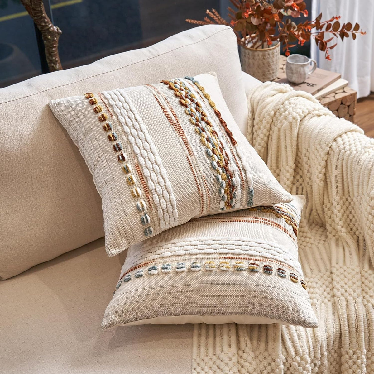 Boho Throw Pillow Covers 18X18 Inch Set of 2, Farmhouse Decorative Striped Square Pillow Covers Chenille Tufted Pillow Cases Accent Neutral Pillowcase for Living Room Couch Bed, Orange White