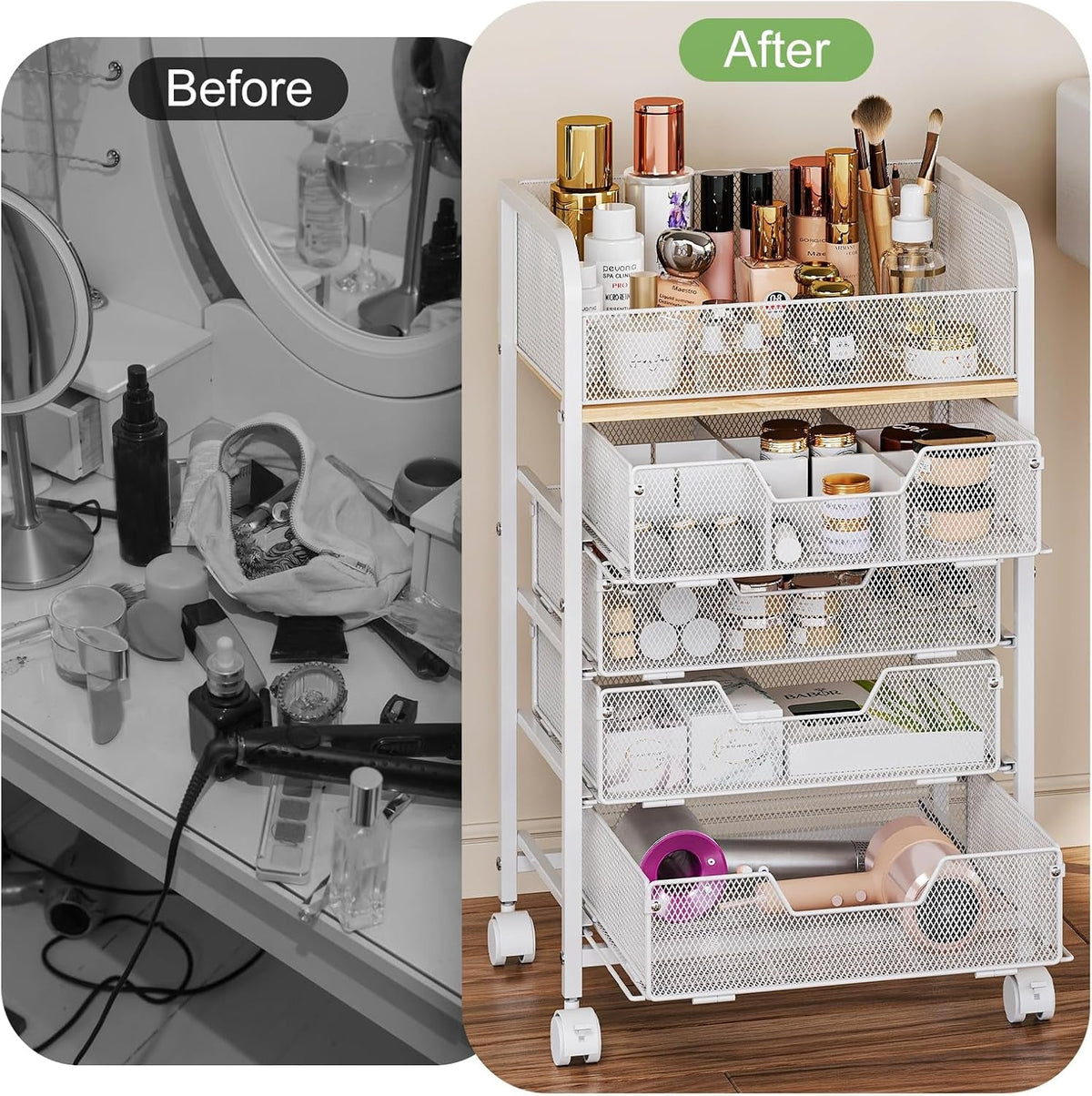 Makeup Cart Organizer with 4 Drawers, Large Floor Skincare Organizers, Vanity Storage Organizer Cosmetics Display Cases for Skin Care Perfume Nail Polish, White (Patent Pending)