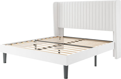 Full Size Velvet Bed Frame with Vertical Channel Tufted Wingback Headboard, Upholstered Platform Bed with Wood Slats, No Box Spring Needed, Easy Assembly, White