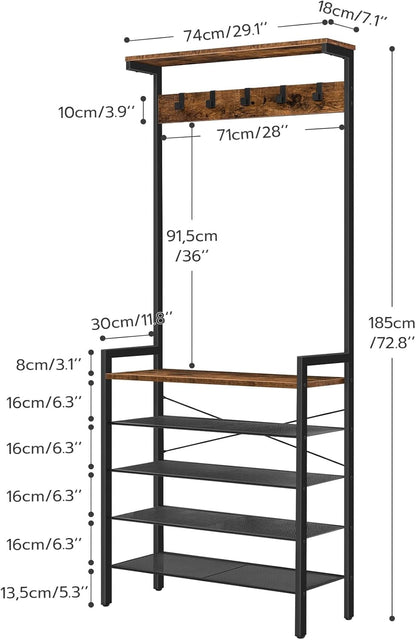 Hall Tree with Bench, Coat Rack with Shoe Storage, Shoe and Coat Rack, 5-Tier Entryway Shoe Storage, 5 Hooks, for 12-16 Pairs, Industrial, Hallway, Foyer, Mudroom, Rustic Brown BF74MT01