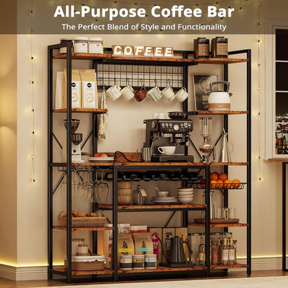 Large Bakers Rack with Power Outlet, 62 Inch Wide Microwave Stand, Coffee Bar with Storage, Kitchen Racks and Shelves, Vintage Brown