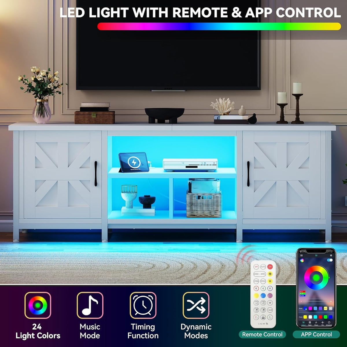 TV Stand with LED Lights & Charging Station, Farmhouse Entertainment Center with Storage Cabinets & Shelves, Cross-Pattern Doors, Fits Tvs up to 70'', TV Consoles for Living Room, White